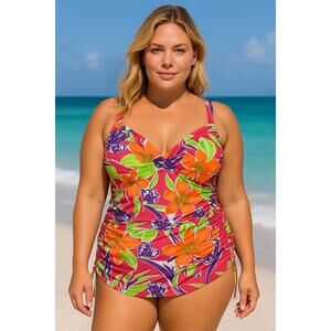 Lane Bryant Pink Tropical Floral Ruched Wireless Tankini Swimsuit Top Size 14